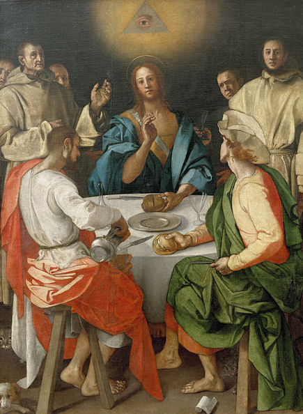 Jesus gathers with group and all-seeing Eye of God behind him